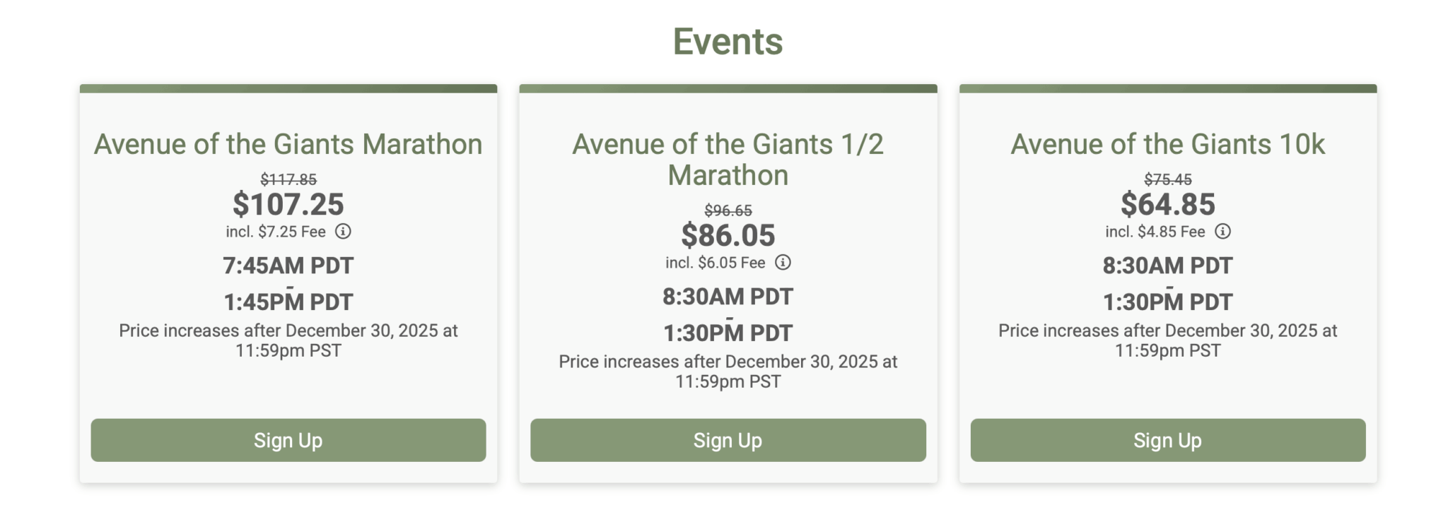 Avenue of the Giants race options and prices