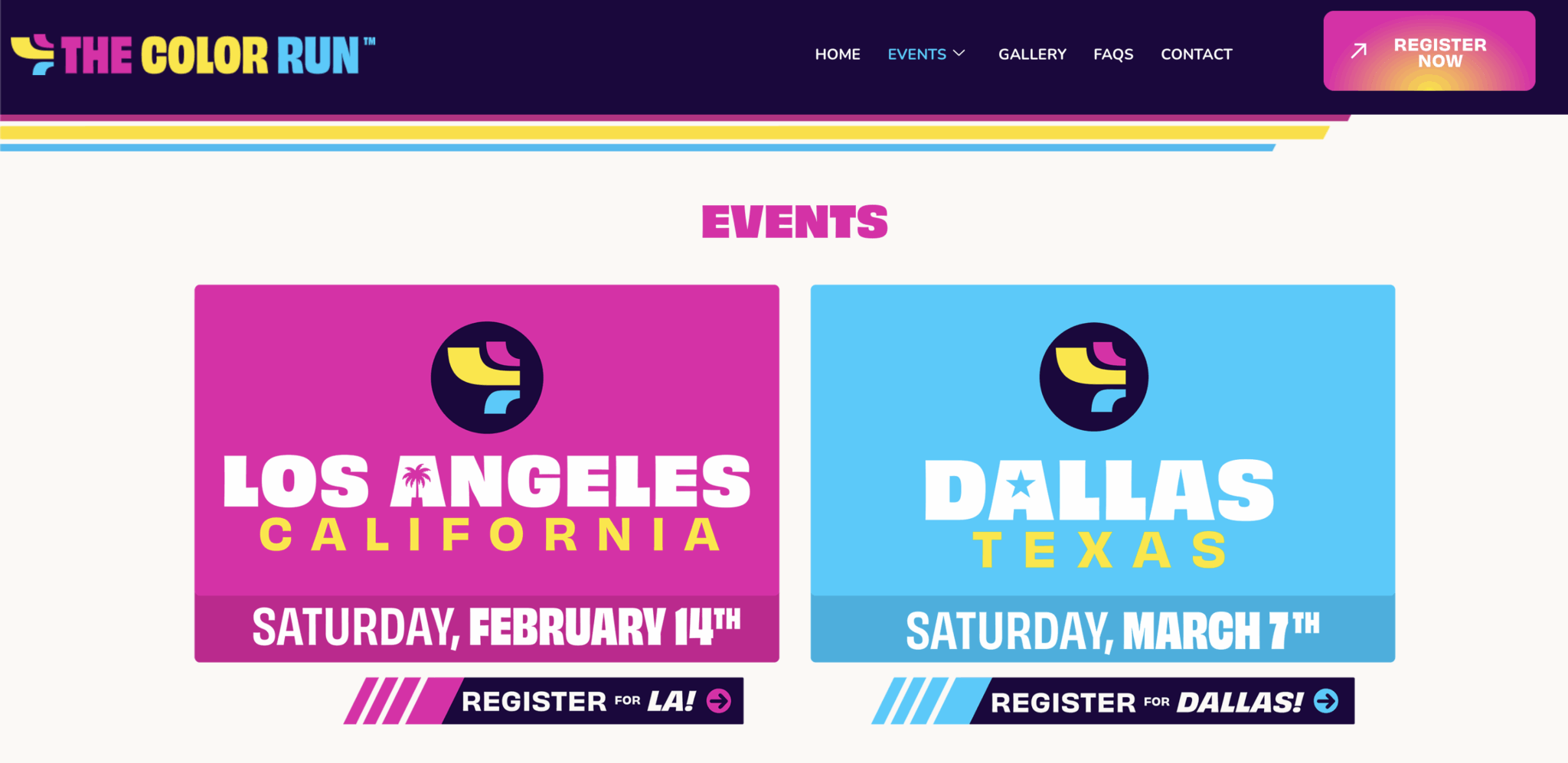 The Color Run events page showing Los Angeles and Dallas races