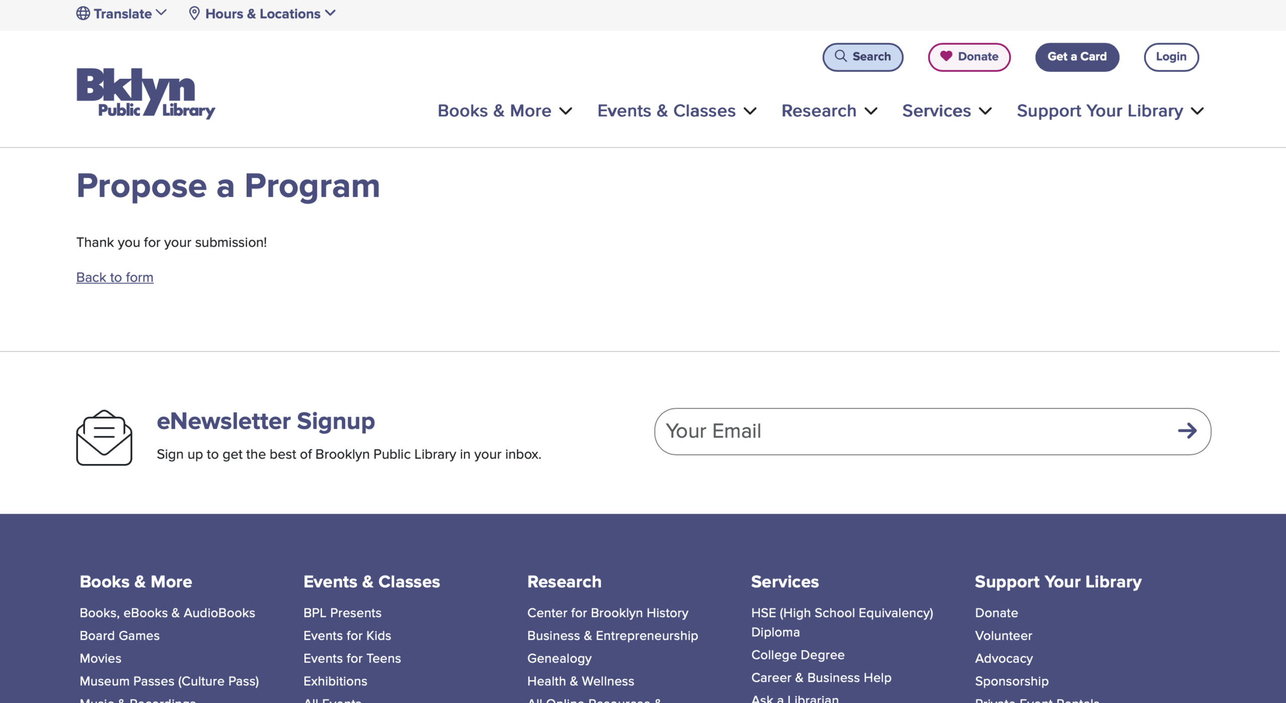 Brooklyn Public Library ‘Propose a Program’ page reading ‘Thank you for your submission!’